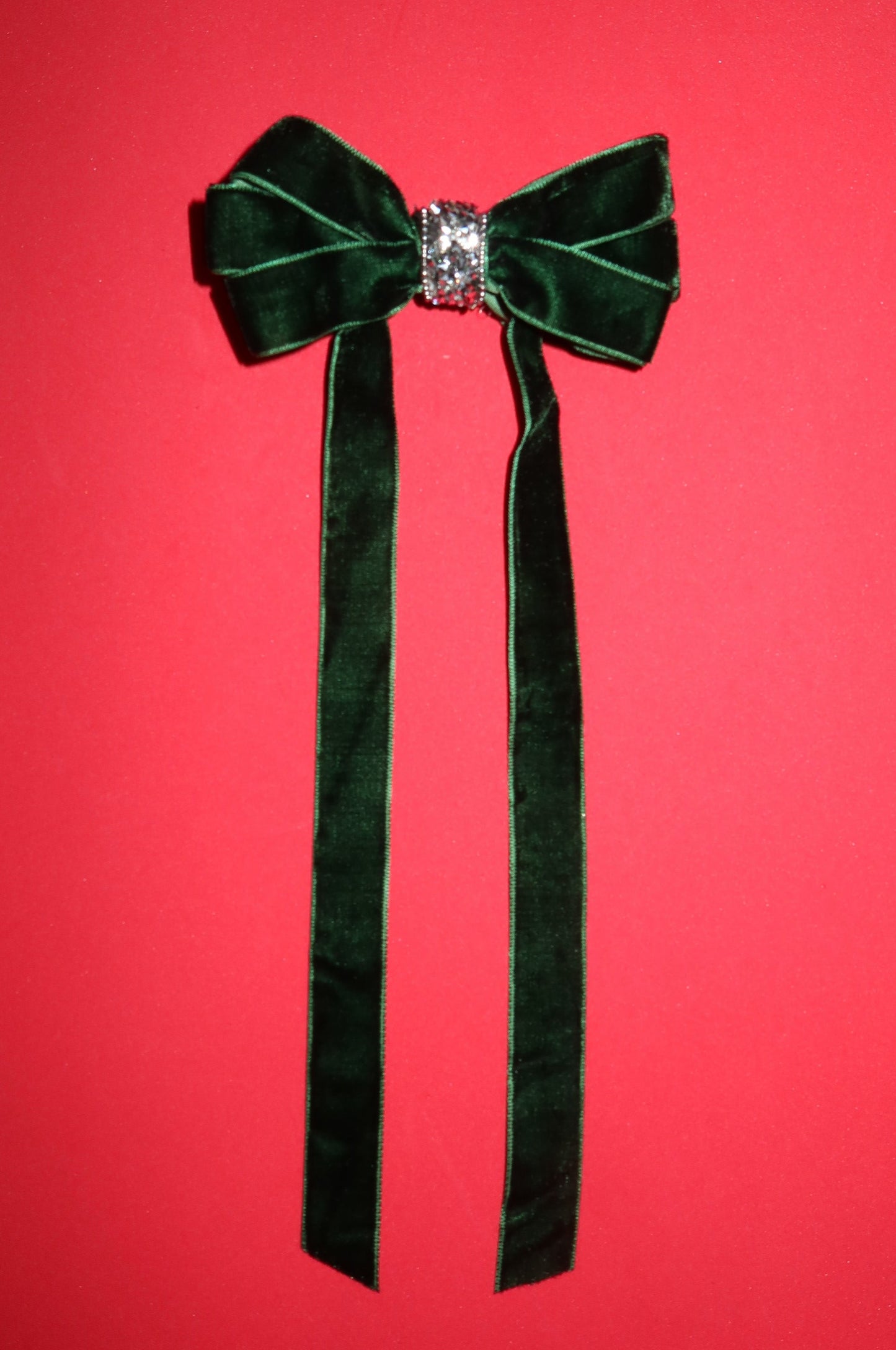 Green Stone Long Velvet Ribbon Hair Clip